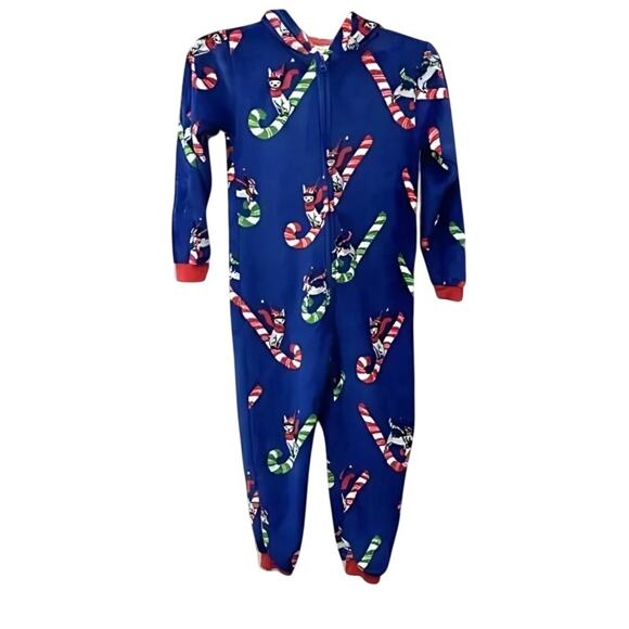 Munki Munki Youth Candy Cane Sled Hooded Fleece Pajamas Zip-Up One-Piece Blue 4 - Picture 1 of 10